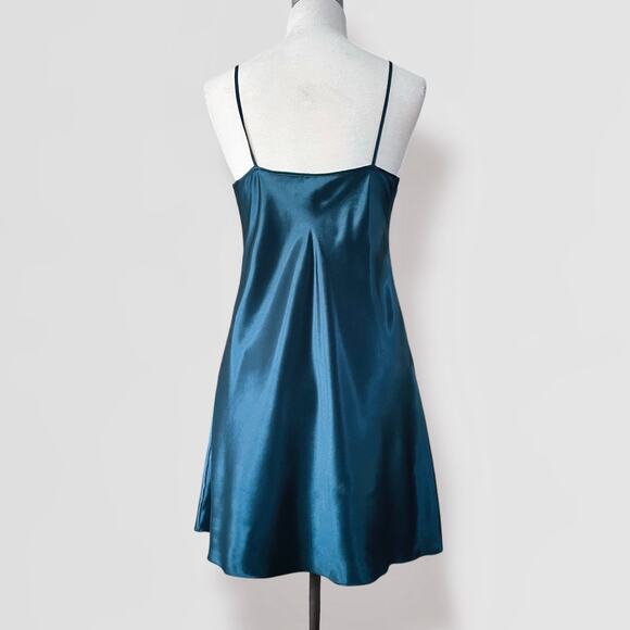 Vintage Embroidered Slip Mini Dress Sz L Satin Teal Emerald Green 90s Festival - Picture 4 of 8